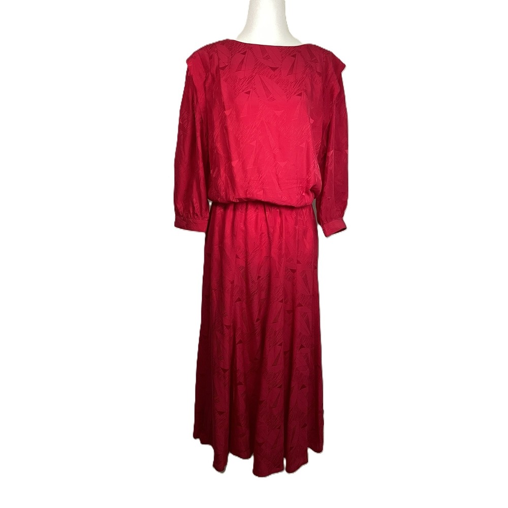 VTG Argenti Size 12 Ruby Fuchsia Silk Jacquard Pleated Shoulder Midi Dress